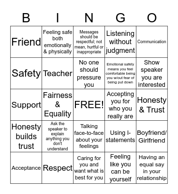 Healthy Teen Relationships Bingo Card