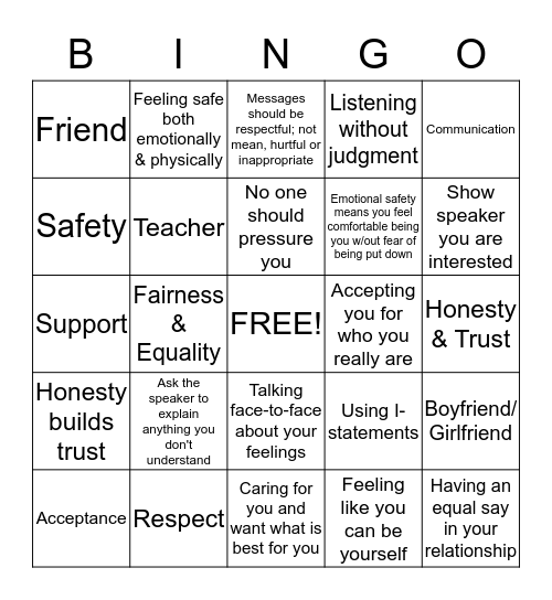 Healthy Teen Relationships Bingo Card