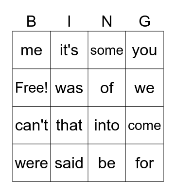 Sight Words Bingo Card