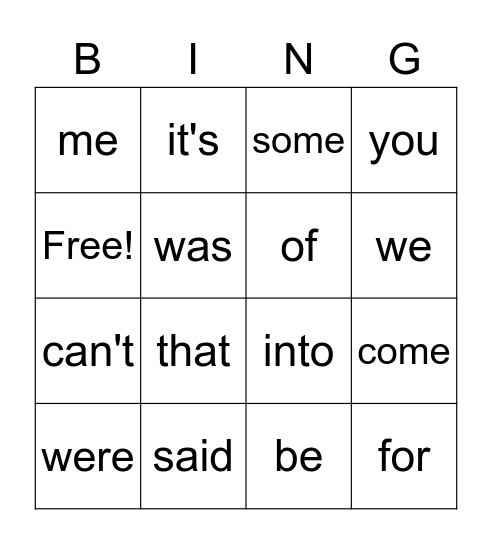 Sight Words Bingo Card