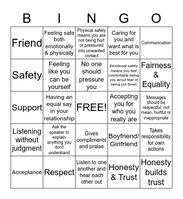 Healthy Teen Relationships Bingo Card