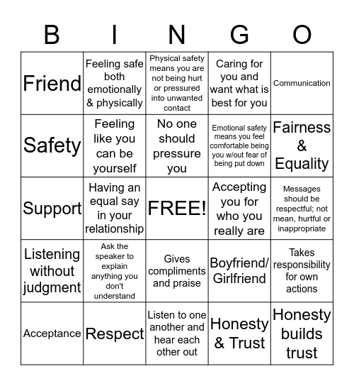 Healthy Teen Relationships Bingo Card