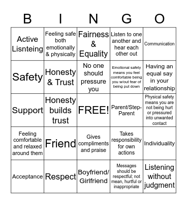 Healthy Teen Relationships Bingo Card