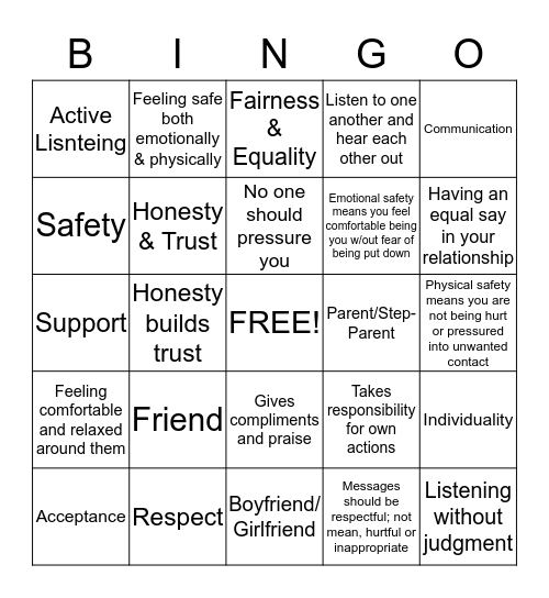 Healthy Teen Relationships Bingo Card