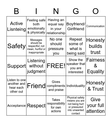 Healthy Teen Relationships Bingo Card