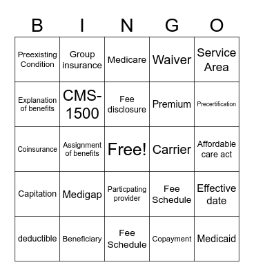 Health Insurance Bingo Card
