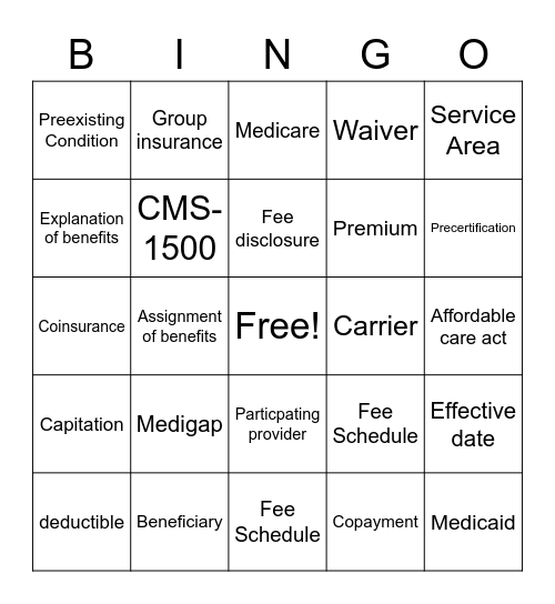 Health Insurance Bingo Card