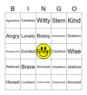 Character Traits and Feelings Bingo Card