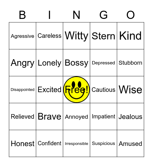 Character Traits and Feelings Bingo Card