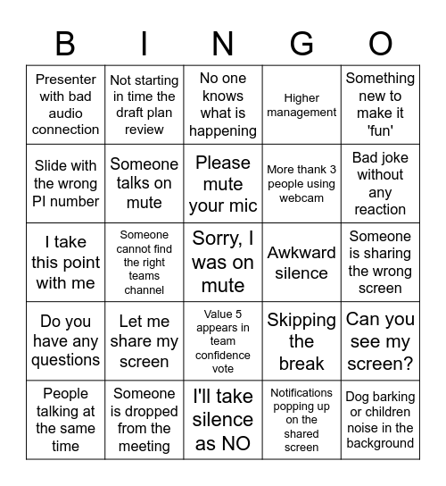 PI planning bingo Card