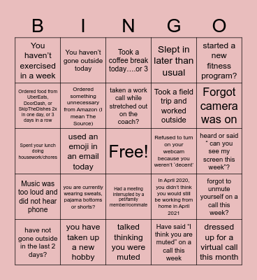 WORKING FROM HOME Bingo Card