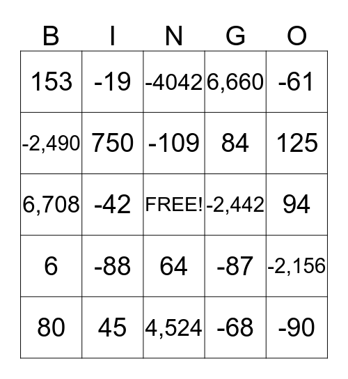 Integer Operation Bingo Card