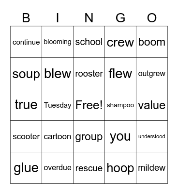 ew, oo, ue, ou words Bingo Card