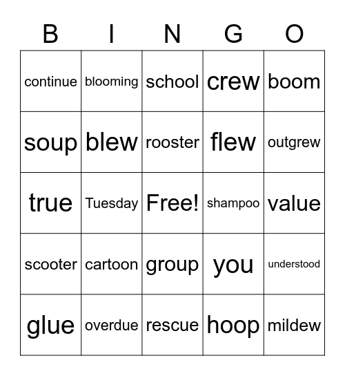 ew, oo, ue, ou words Bingo Card