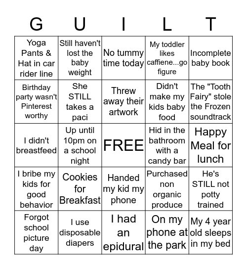 Mommy Guilt Bingo Card