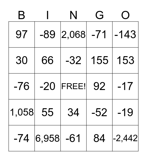 Integer Operation Bingo Card