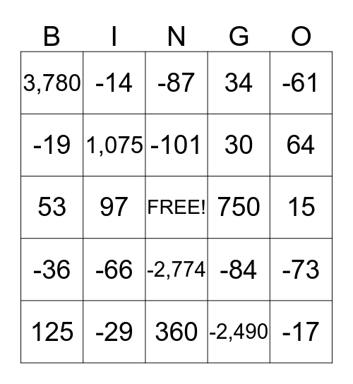 Integer Operation Bingo Card