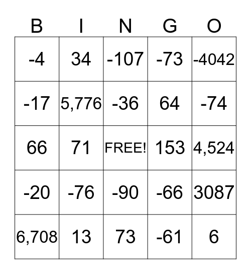 Integer Operation Bingo Card