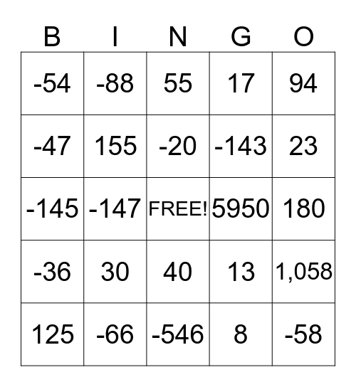 Integer Operation Bingo Card