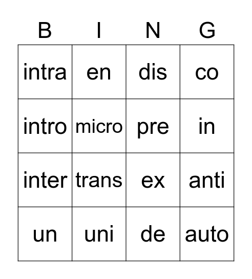 Root Word: Prefix Bingo Card