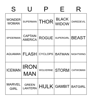 SUPERHEROES Bingo Card