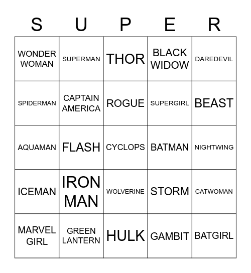 SUPERHEROES Bingo Card