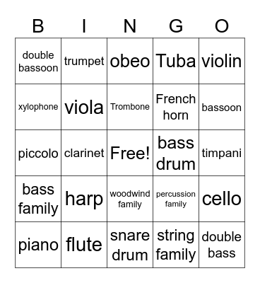 musical instruments bingo Card