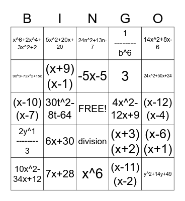 polynomials Bingo Card