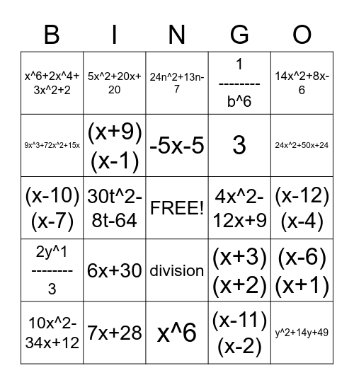 polynomials Bingo Card