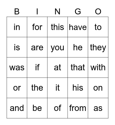 Heart Words Bingo Card