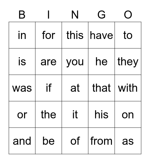 Heart Words Bingo Card