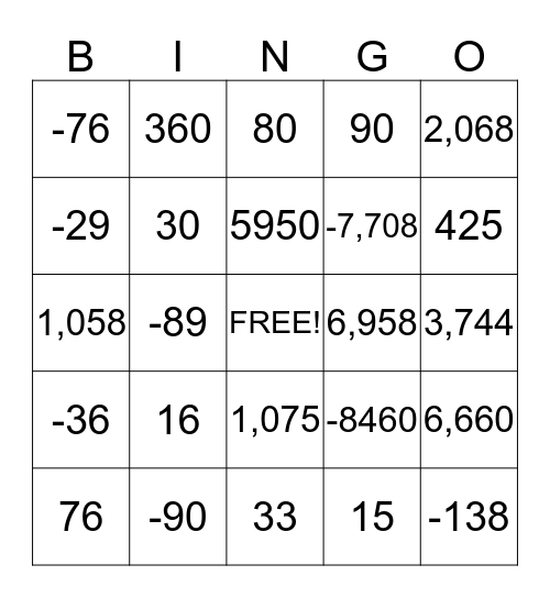 Integer Operation Bingo Card