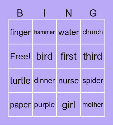 -ER , -IR , -UR Bingo Card