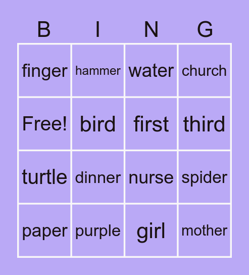 -ER , -IR , -UR Bingo Card