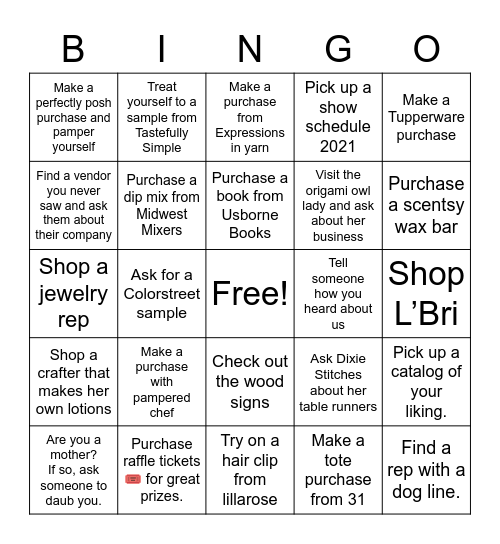 Shop for Mom Craft & Vendor Expo Bingo Card