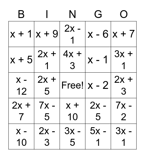 Factoring Trinomials Bingo Card