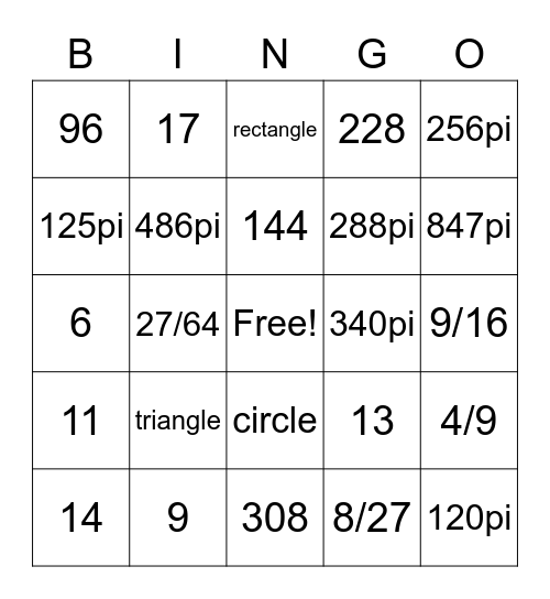 PAP Geom Unit 12 Review Bingo Card