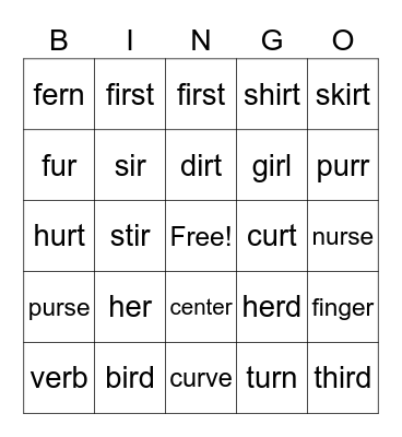 IR ER UR Bingo Card