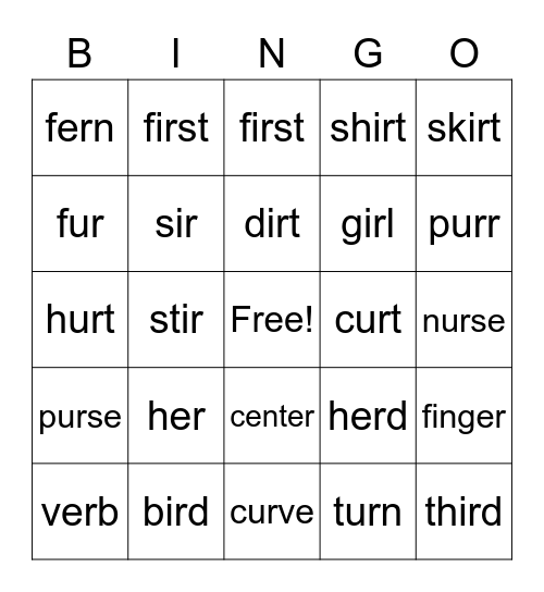 IR ER UR Bingo Card