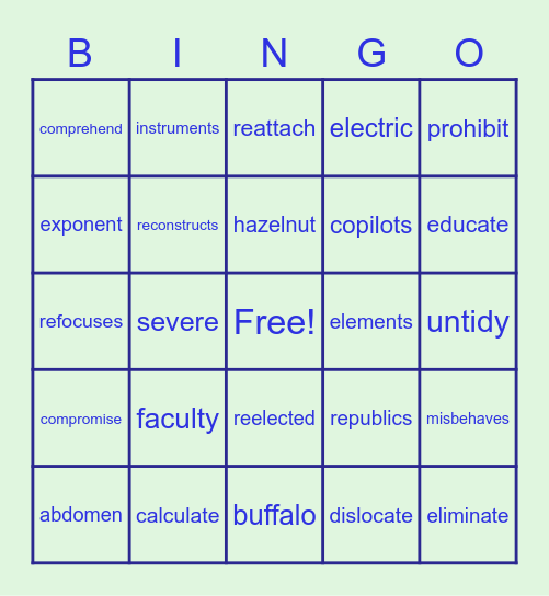 Step 5.4 Bingo - 3 syllables with open syllables Bingo Card