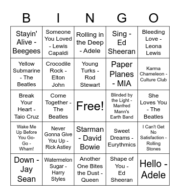 Tea Time Music BINGO - British Songs Bingo Card