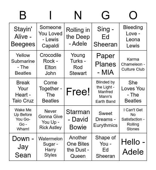 Tea Time Music BINGO - British Songs Bingo Card