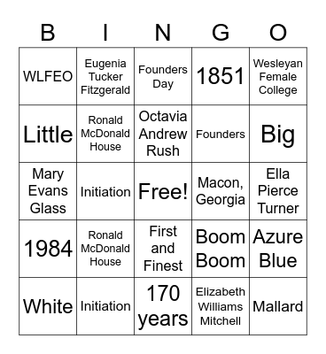 Founders Day Bingo Card