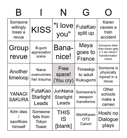 Revue Starlight Movie Bingo Card