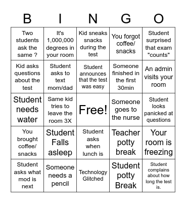 Exam Proctoring Bingo Card
