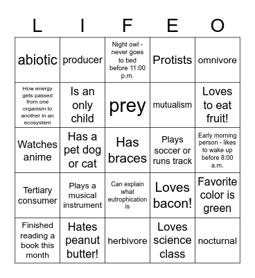 Life Science Bingo Card