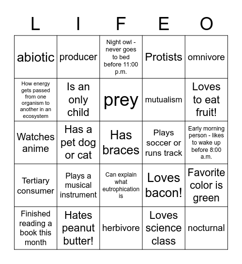 Life Science Bingo Card