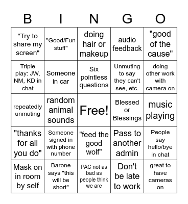 Staff meeting Bingo Card
