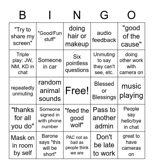 Staff meeting Bingo Card