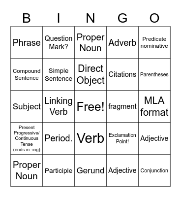 English Bingo Card